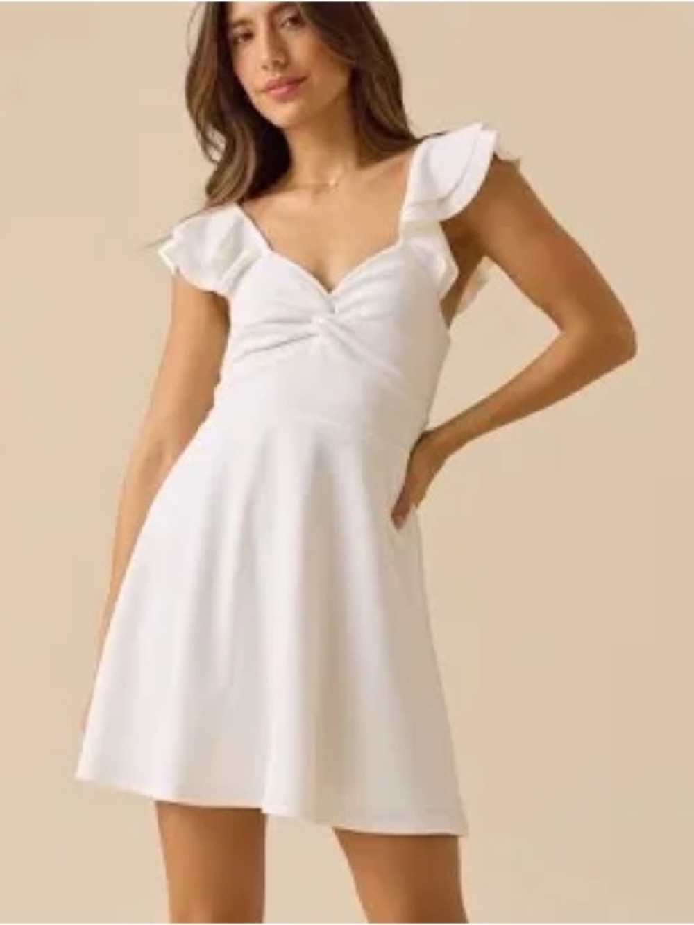 Ruffle sleeve white twist front mini dress-Medium